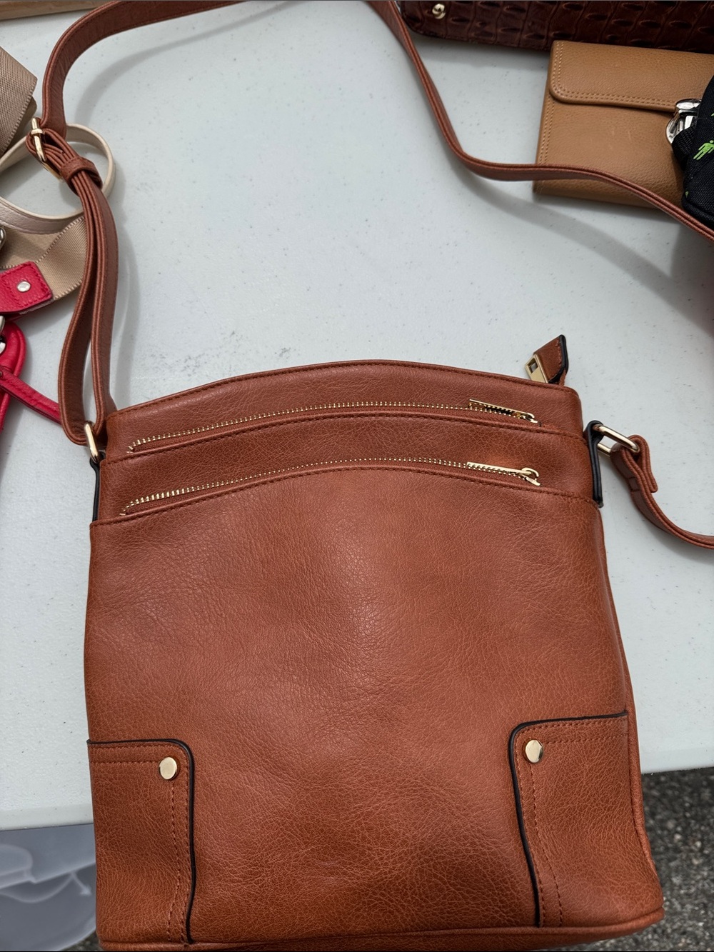 Everyday Tan Faux Leather Crossbody Bag with Zip Pockets
